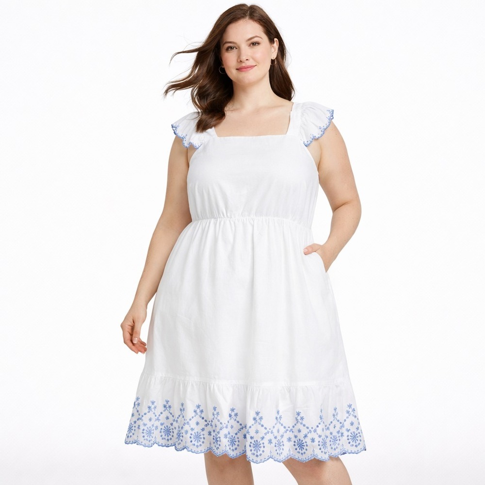 Lane Bryant White Eyelet Dress Womens 18 Blue Embroidered Cotton Flutter Sleeve